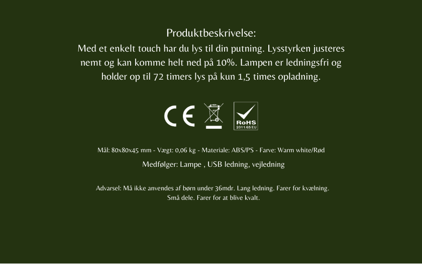 AlLuKo - Puttelampen / natlampe med touch til tumling - Ledningsfri - Varm hvid + Rødt lys
