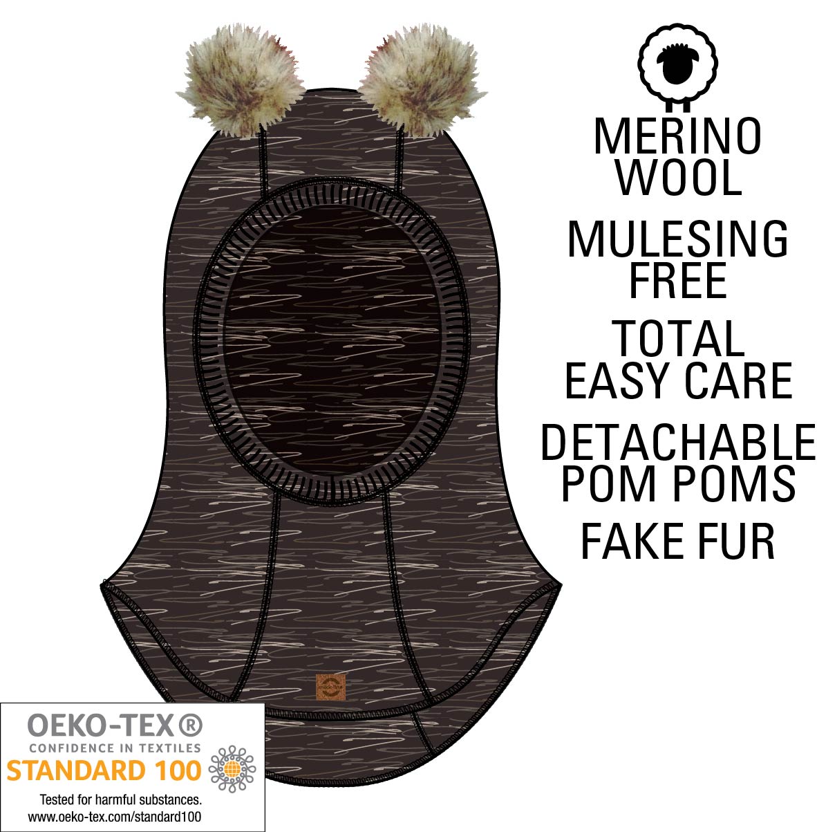 Mikk-line - Elefanthue - uld m. pom pom - Dark Brown Melange