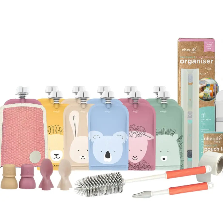 Cherup Baby - Genanvendelige babymadposer, yoghurtposer | Bundtsæt | Dusty Rose & Sand