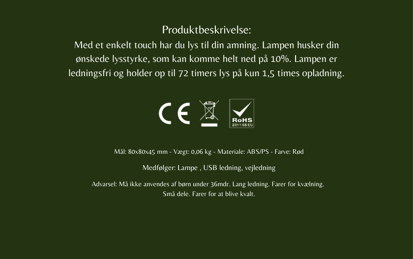AlLuKo - Ammelampe / natlampe med touch - Ledningsfri - Rødt lys