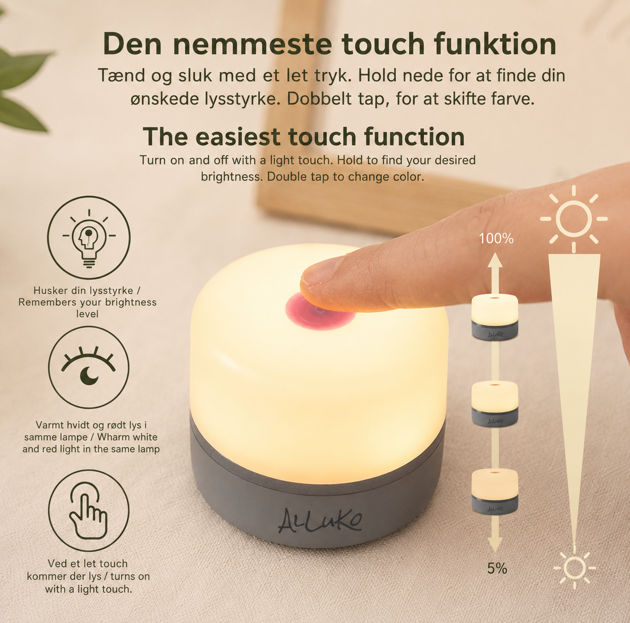 AlLuKo - Luksus Ammelampe / natlampe med touch - Ledningsfri - Varm hvid & Rød